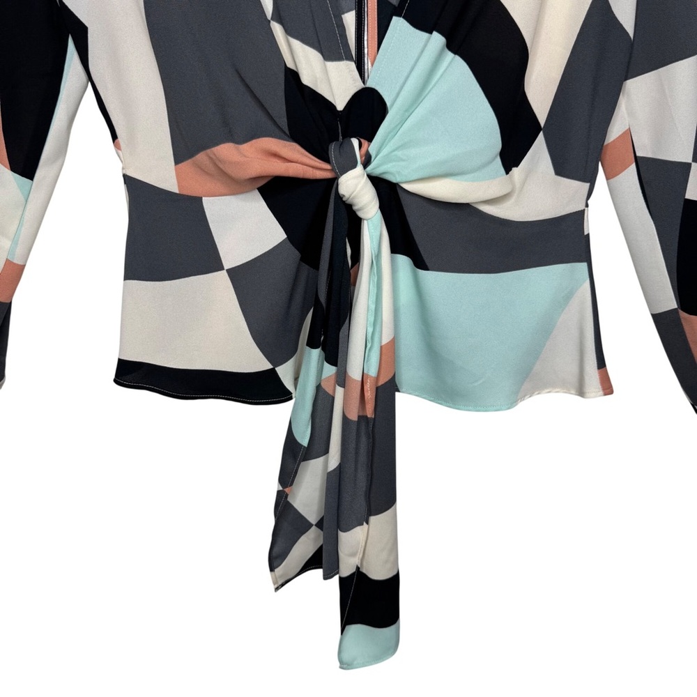 Forever 21 Geometric Color block Puff sleeves y2k baby doll Open back top sz L - Picture 6 of 9
